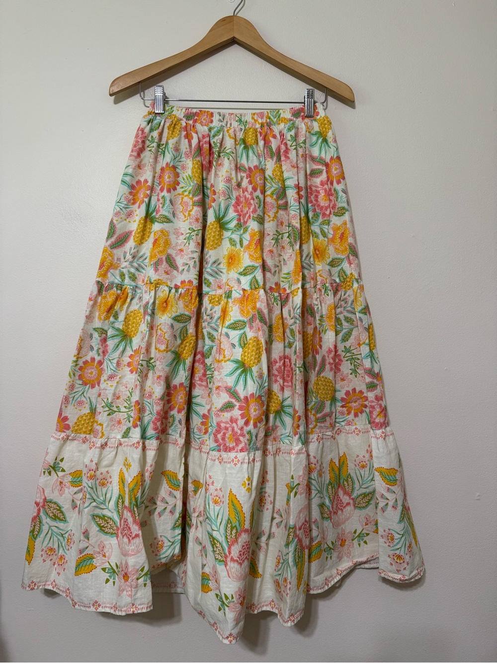 Rachel Zoe White Maxi Skirt with Yellow Pineapple and Pink Floral Print